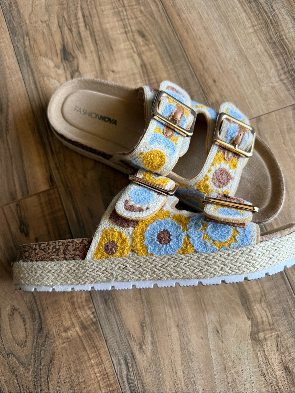 Fashion Nova Floral Embroidered Double-Buckle Slides - Blue, Yellow & Brown
